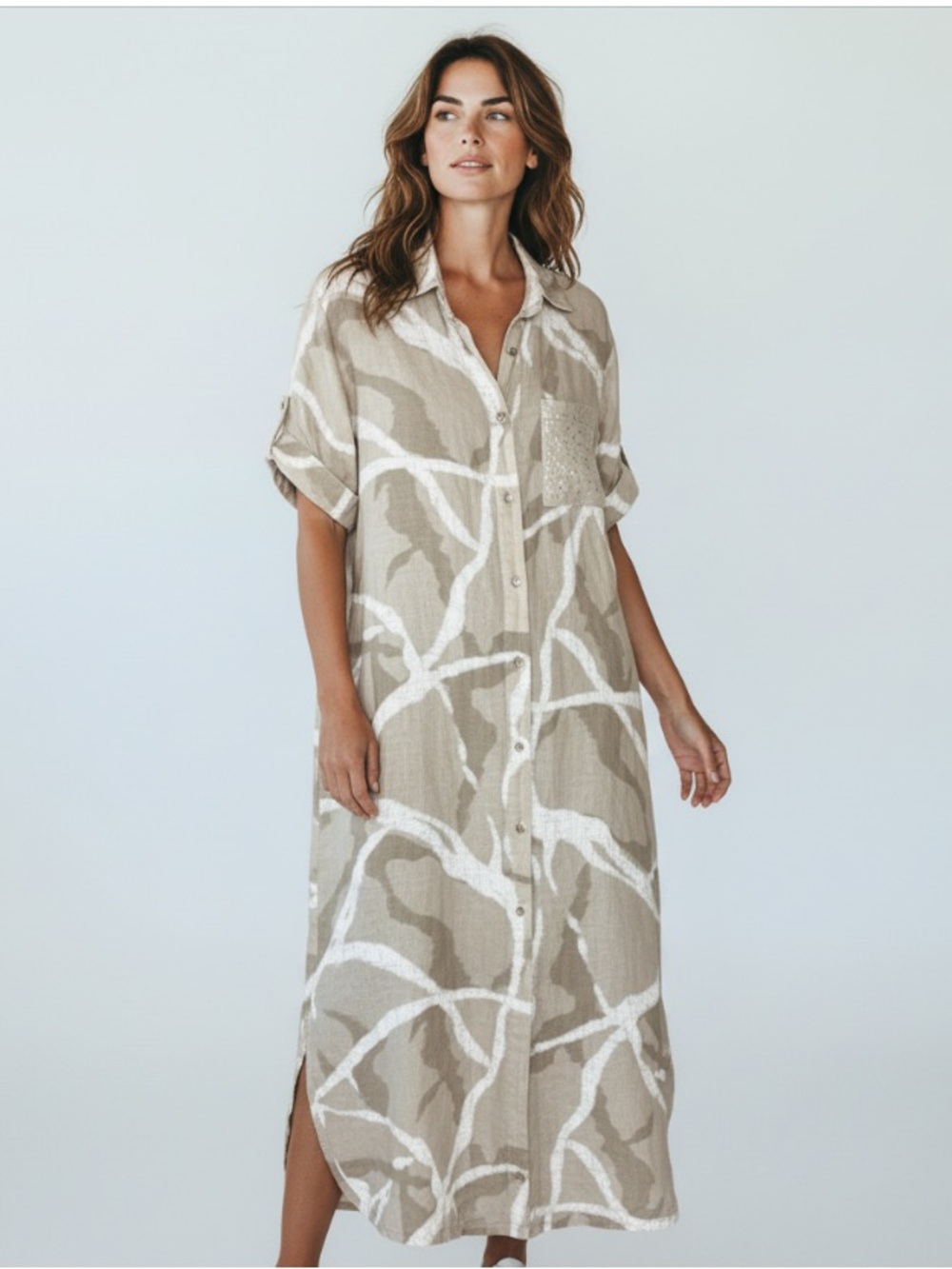 Eternelle Linen Dress Tan White Button-Front Abstract Print Sz XS Relaxed Fit